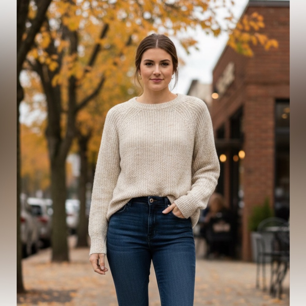 Free People Cream Knit Crew Neck Sweater